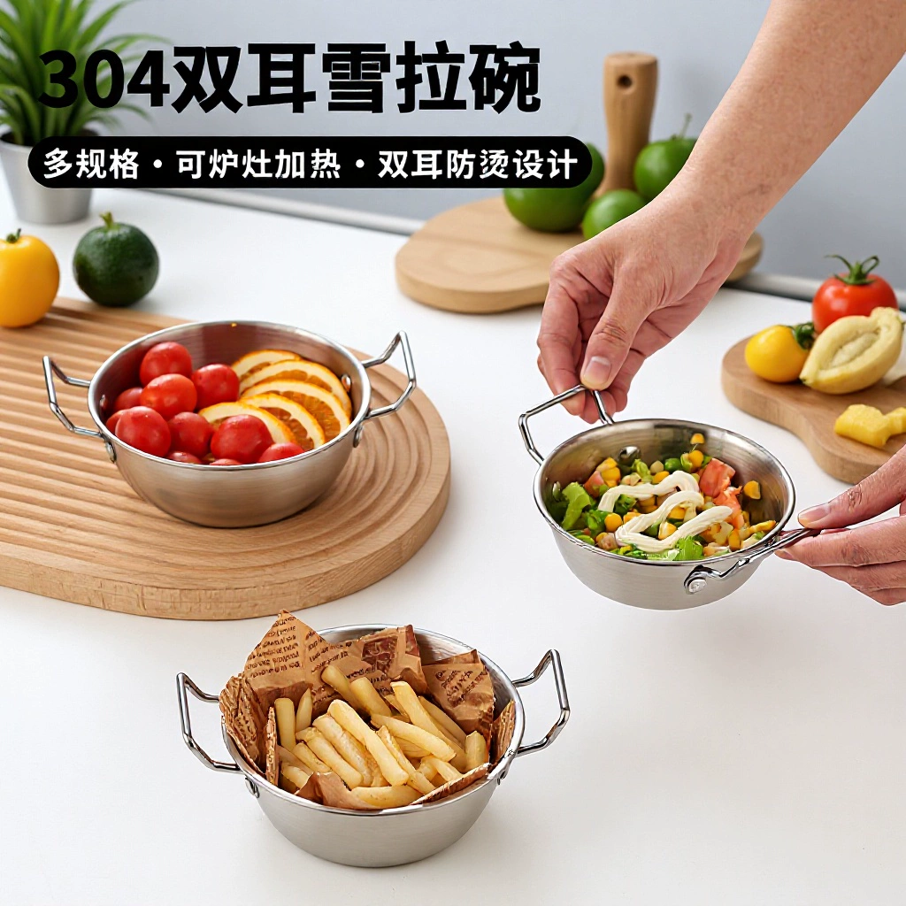 Чаша из нержавеющей стали 304, бытовая чаша Sierra с двумя ушками, чаша для фруктового салата с крышкой, чаша для лапши быстрого приготовления, посуда для кемпинга на открытом воздухе