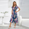 Bat sleeve V-neck open back strapping dress summer women's printed long skirt