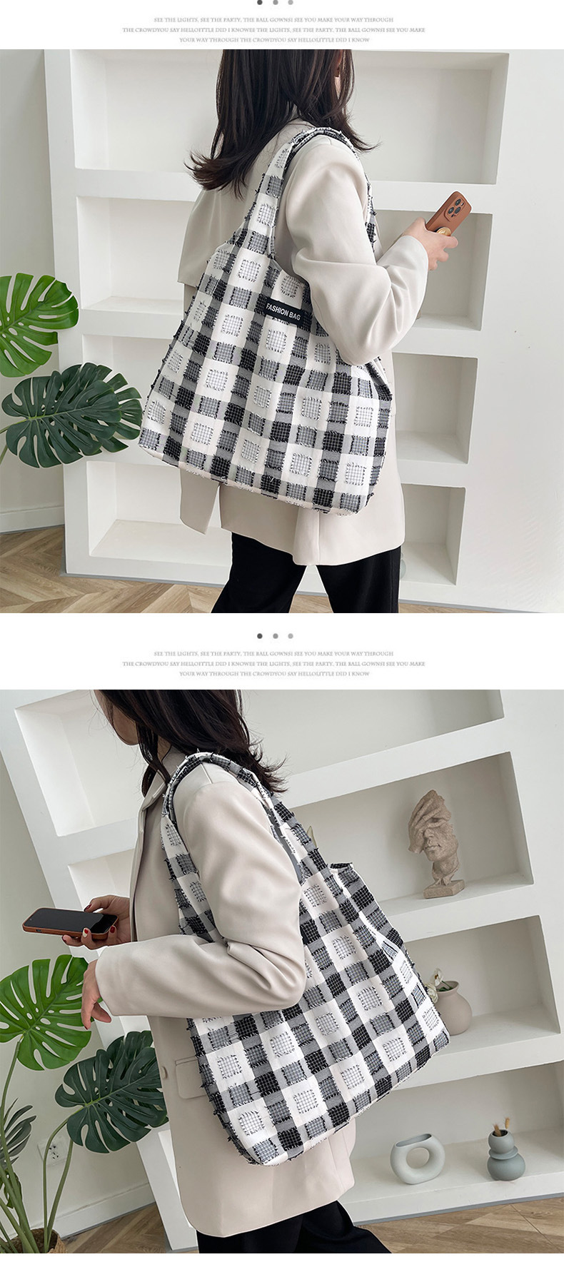 Forest-themed college style artistic girl checkered versatile tote bag, Korean Instagram fresh and cute student class shoulder bag Item Picture
