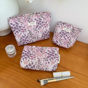 Fresh Purple Flower Cosmetic Bag Portable Skin Care Storage Bag Small Square Bag Jacquard Fabric Hand Bag