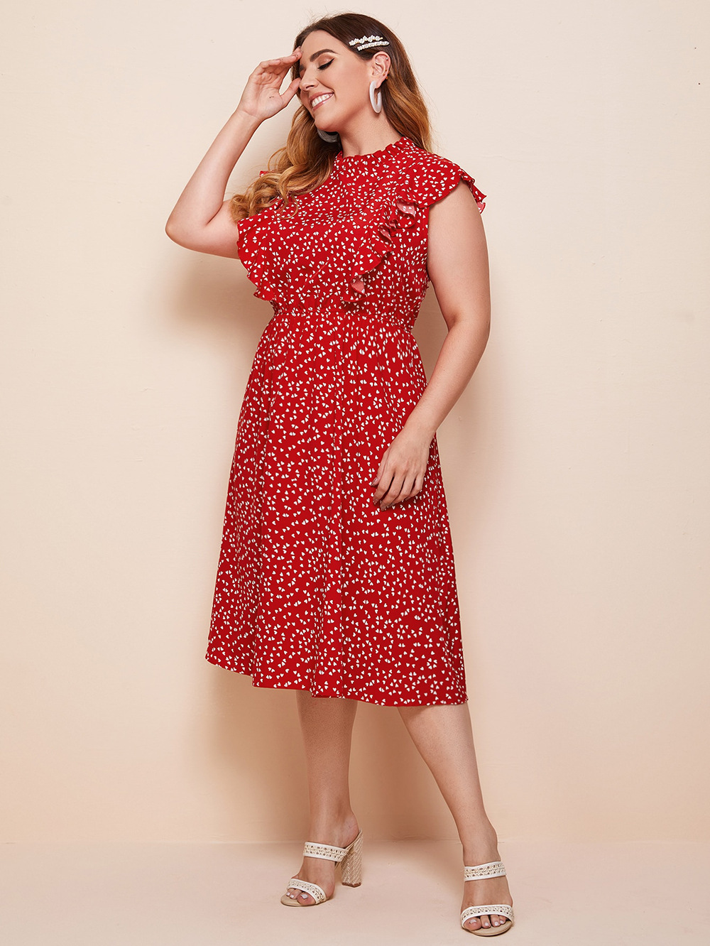 Vestido estampado rojo casual de talla grande NSDF28178