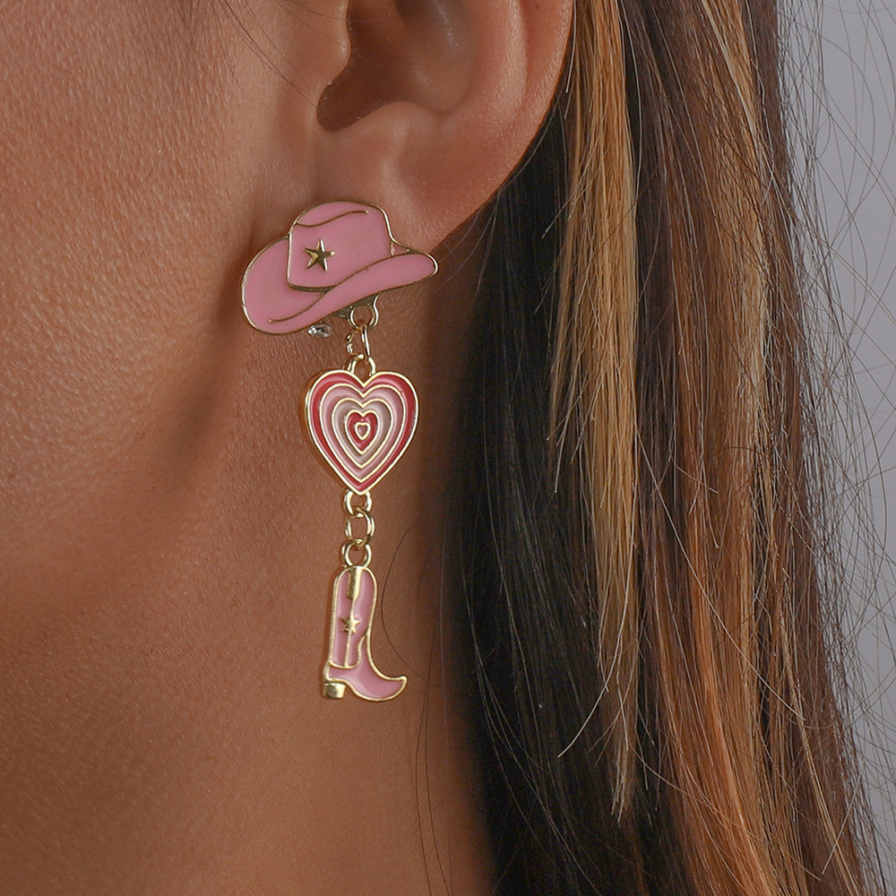 Fashion Alloy Modern Hat Heart-shaped Cowboy Boots Drip Oil Multi-layer Earrings display picture 1