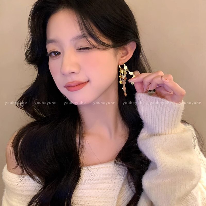 千金风金色菱形流苏耳钉女款轻奢高级感气质夸张耳圈绝美耳饰耳环|undefined