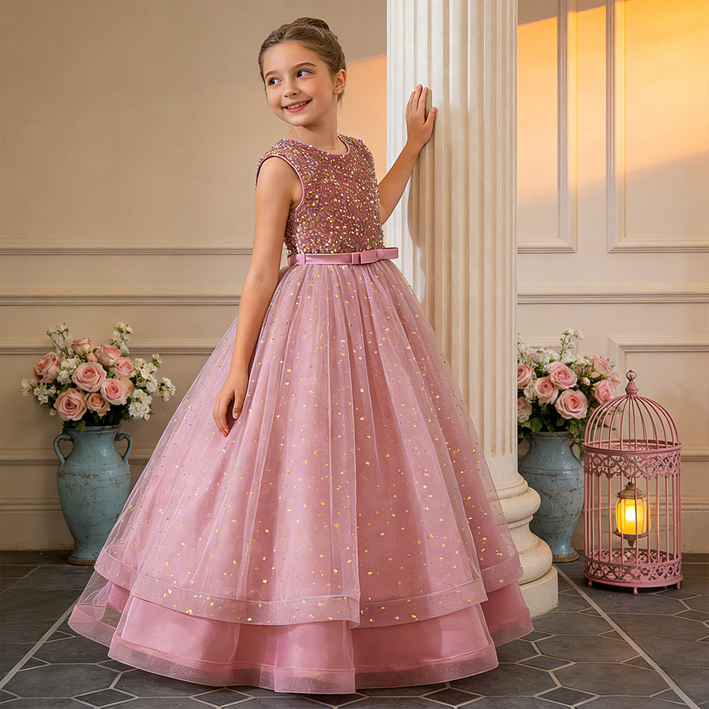 Vestido de Noche de Moda con Lentejuelas para Niñas, Colección Primavera/Verano 2026, Vestido de Princesa con Malla Abullonada para Actuaciones de Piano, Traje de Gala