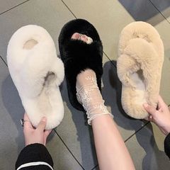 ins毛毛拖鞋女外穿网红2025新款秋冬季可爱懒人毛毛绒交叉棉拖