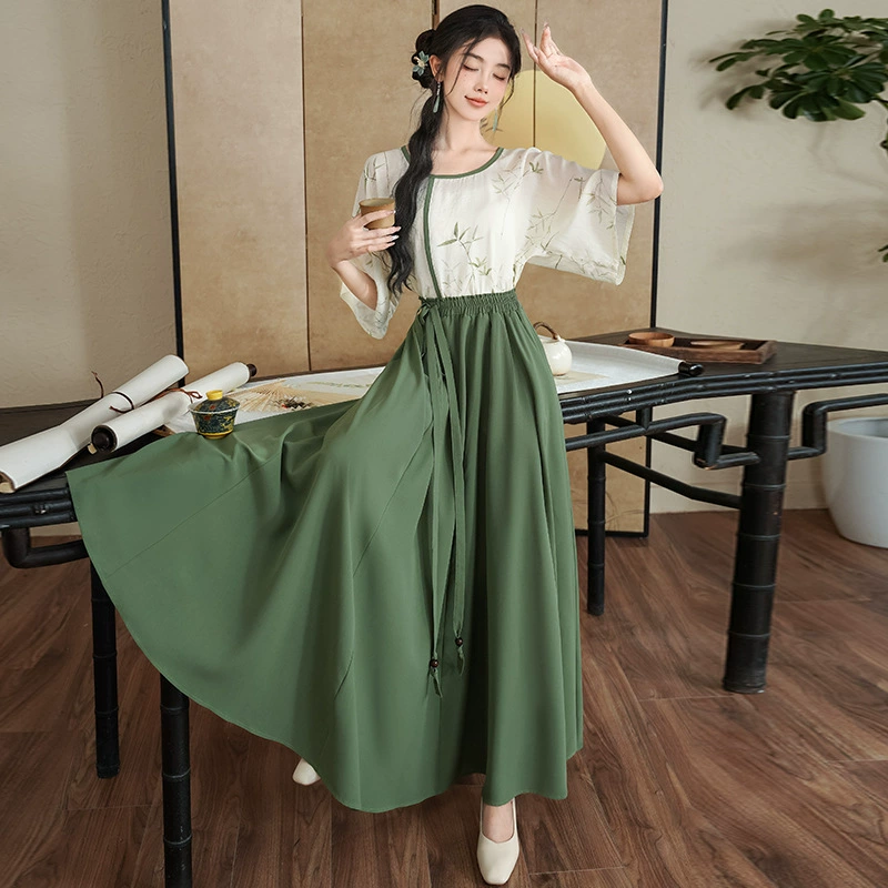 Summer megaphone with a round collar, retro Hanfu, long skirt, set, Chinese style