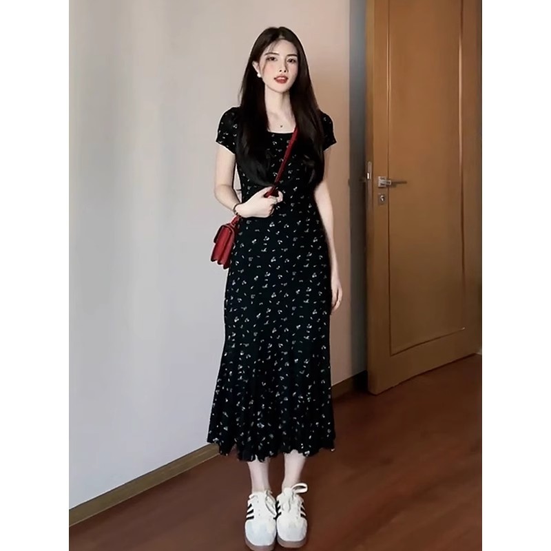 大码法式温柔碎花连衣裙女夏季新款微胖显瘦长裙气质收腰鱼尾裙|undefined