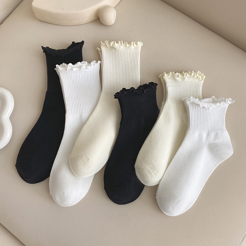 Spring and Summer JK Pure Cotton Solid Color Auricularia Lace Socks Women's Mid-tube Japanese Cute Girls' Socks Lolita All-match Socks Spring and Summer JK Pure Cotton Solid Color Auricularia Lace Socks Women's Mid-tube Japanese Cute Girls' Socks Lolita All-match Socks