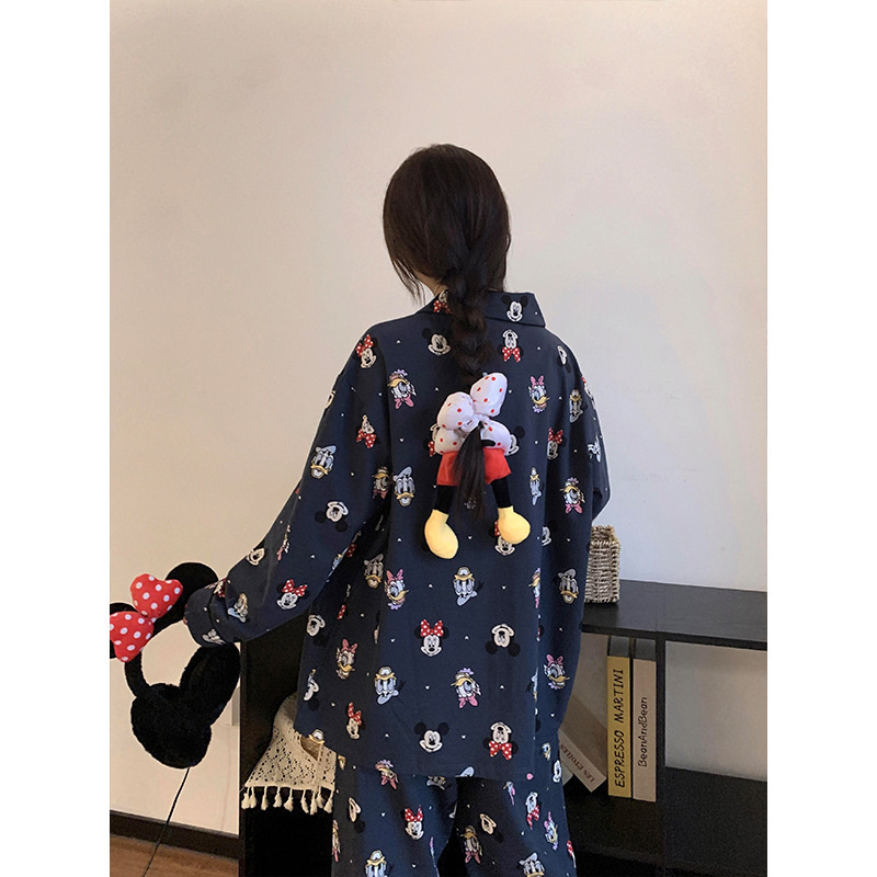 少女可爱米奇印花长袖睡衣女春秋款新款卡通开衫长裤家居服两件套|undefined