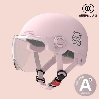Motosiklet kaskı (dəbilqə), New national standard electric vehicle helmet - adult-versionlight-pink-transparent-short-glasses-little-bear