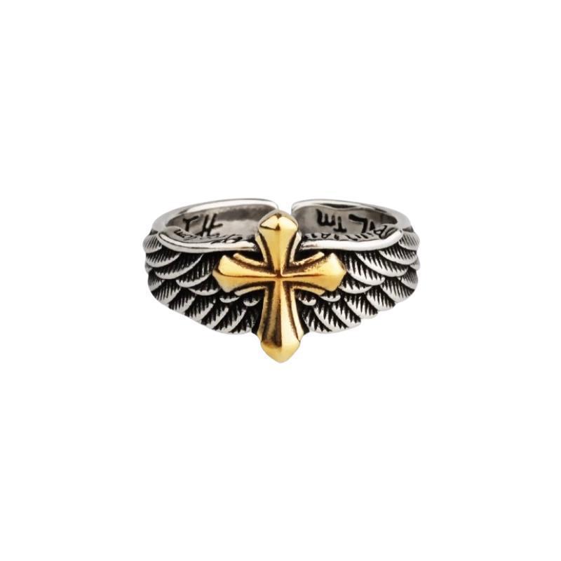 Anelli impilabili da uomo, ala vintage placcata in argento per uomo, anello per indice alla moda hip-hop con croce singola e stella, anello impilabile_voghion.com