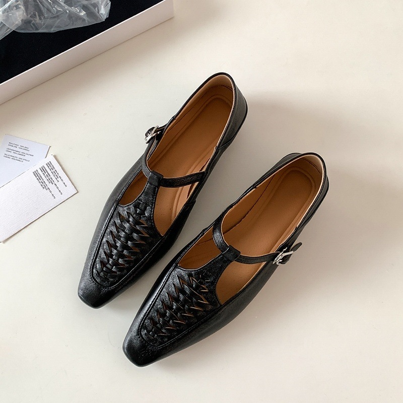 Giày Mary Jane nữ đan T-Strap da thật mũi vuông đế bệt — màu đen, bạc chi tiết 93