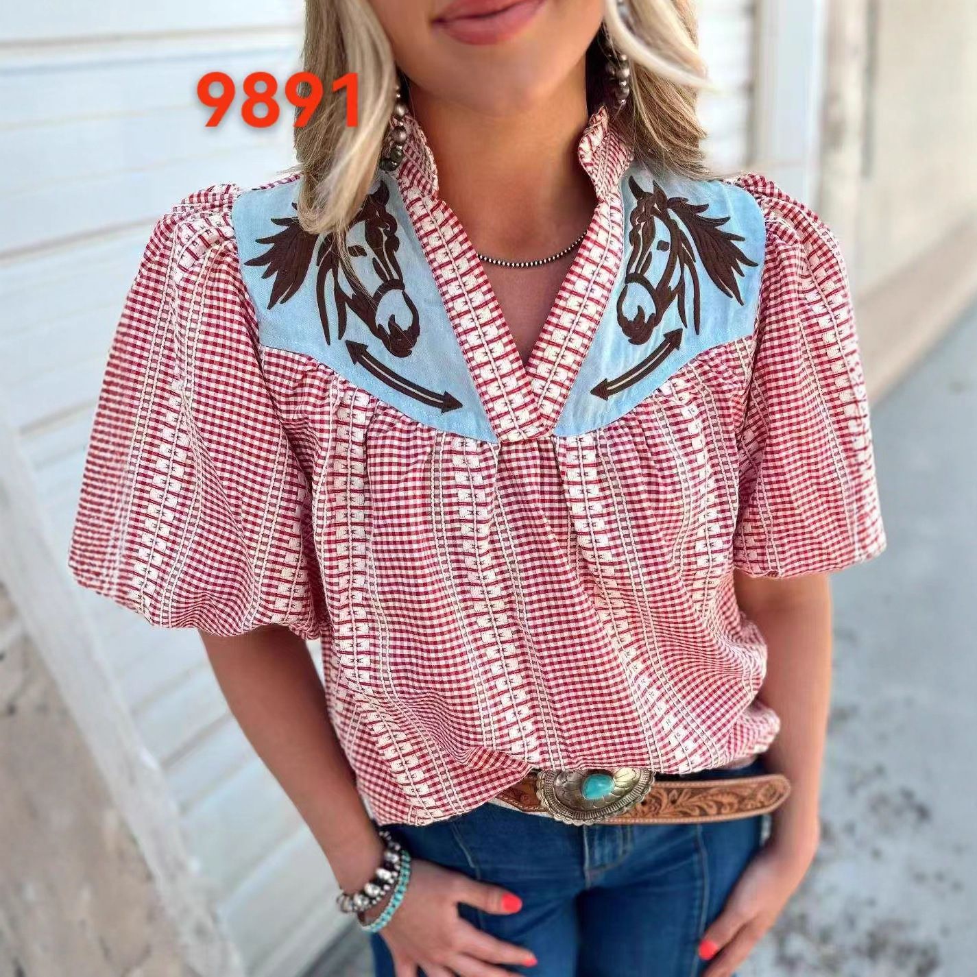 Amazon European and American Cross-Border Women's Clothing Export Embroidered Printed V-Neck Short-Sleeved Tops and Shirts