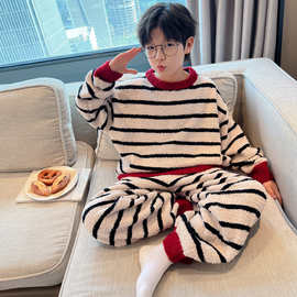 男童冬季珊瑚绒睡衣2025新款大童秋冬款儿童男孩加厚法兰绒家居服