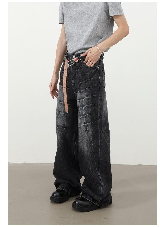 Quần jeans nam dáng rộng ống thẳng họa tiết sét chất liệu washed phong cách đường phố — màu xanh, màu xám đen chi tiết 11