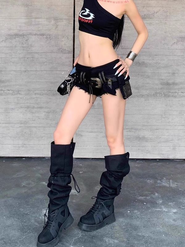 アメリカンレトロベルト取り外し可能なポケットローウエストスーパーショーツ女性の夏のホットガール痩身ヒップホップホットパンツトレンディ|undefined