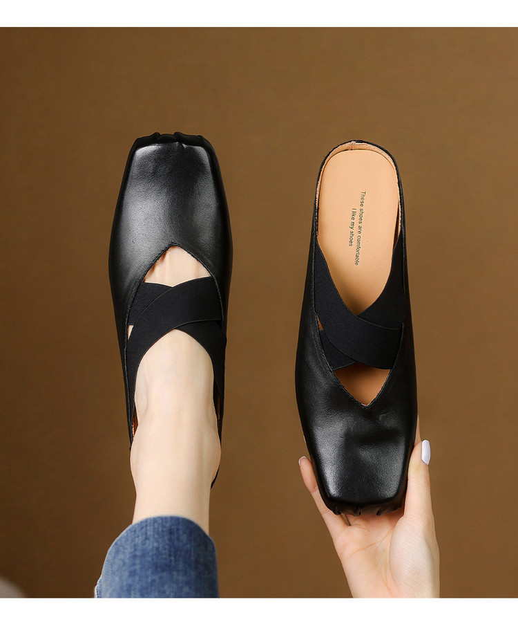 Giày búp bê mũi vuông retro da ngựa, quai sau hở, dép sandal mới hè — đen chi tiết 10