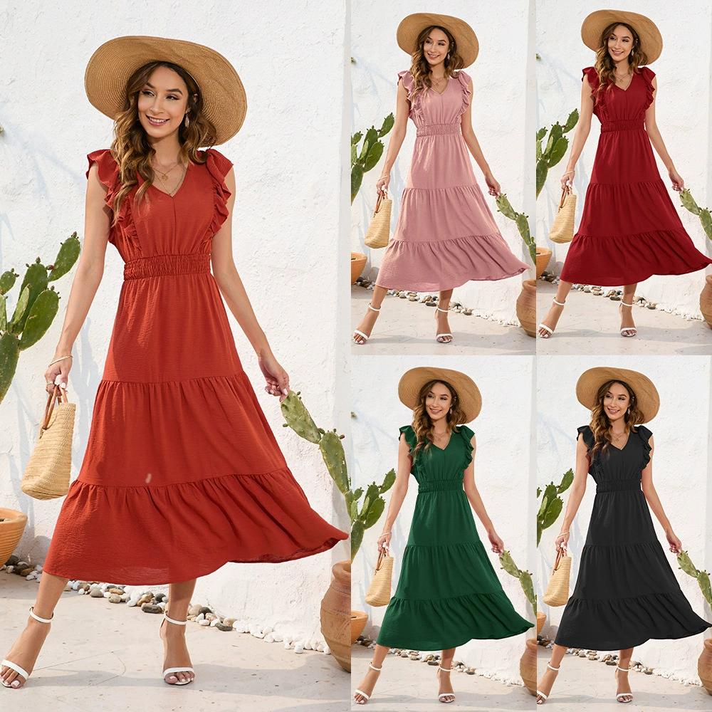 Amazon трансграничное V-образным вырезом с высокой талией платье для торта длинное платье для отдыха отдых путешествия юбка оптовые прямые продажи