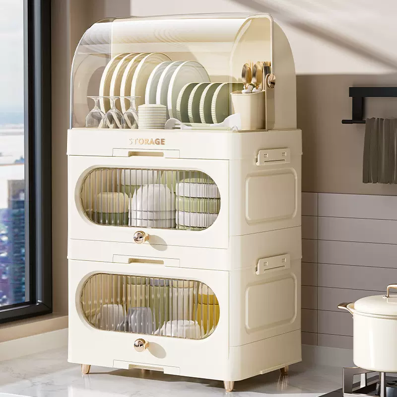 跨境多层厨房沥水碗柜翻盖折叠防尘碗碟置物架厨房餐具收纳置物架