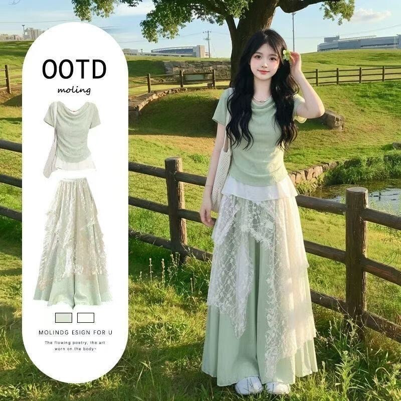 Travel Outfit: Dopamine-inspired Forest Green Skirt-Pants Set, Stunning and Gorgeous for Summer, Bohemian Long Skirt-Pants Travel Outfit: Dopamine-inspired Forest Green Skirt-Pants Set, Stunning and Gorgeous for Summer, Bohemian Long Skirt-Pants