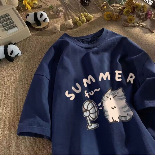 Pure cotton drop-shoulder summer new round neck short-sleeved t-shirt for women, Japanese cute cat print loose and versatile top