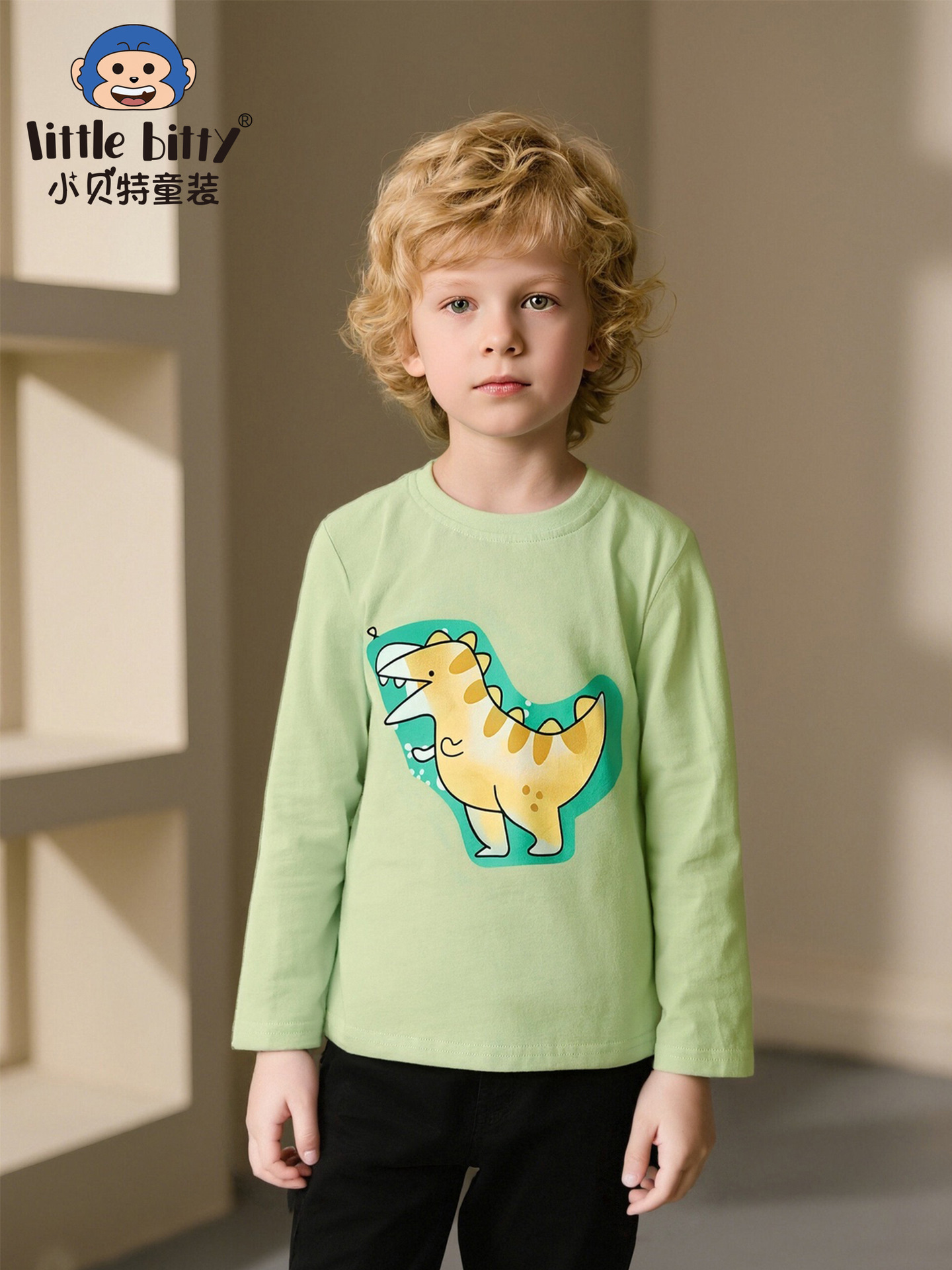 25Th Autumn and Winter Boys' Long-Sleeved T-Shirts Cartoon Dinosaur Print Kidsren's Tops European and American Round Neck Long-Sleeved Bottoming Shirts