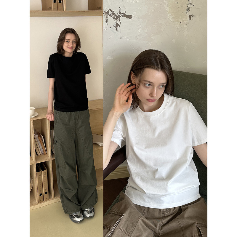 WANMENG 230G smooth cotton American basic solid color shoulder short sleeve T-shirt men's and women's crew neck base coat