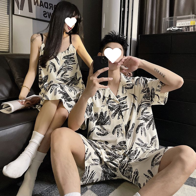 2025 Couple Pajamas Summer Ice Silk Short Sleeve Thin Cute Simulated Silk Men's and Women's Summer Home Clothing Set