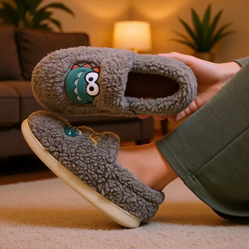 冬季棉鞋男冬室内家居防滑保暖情侣全包家用包跟软底冬款拖鞋恐龙