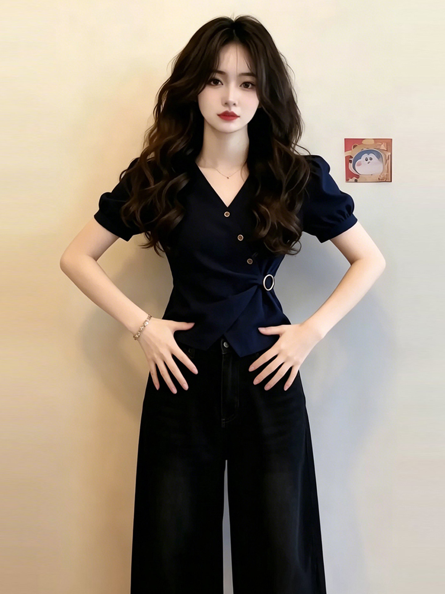 Áo sơ mi nữ cổ V tay ngắn thiết kế thời trang ôm dáng A1208 — Xanh lông mòng đen