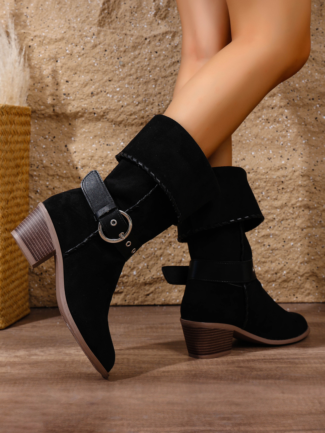 Women's Mid Calf Cowboy Boots For Women With Buckle And Chunky Heel_voghion.com