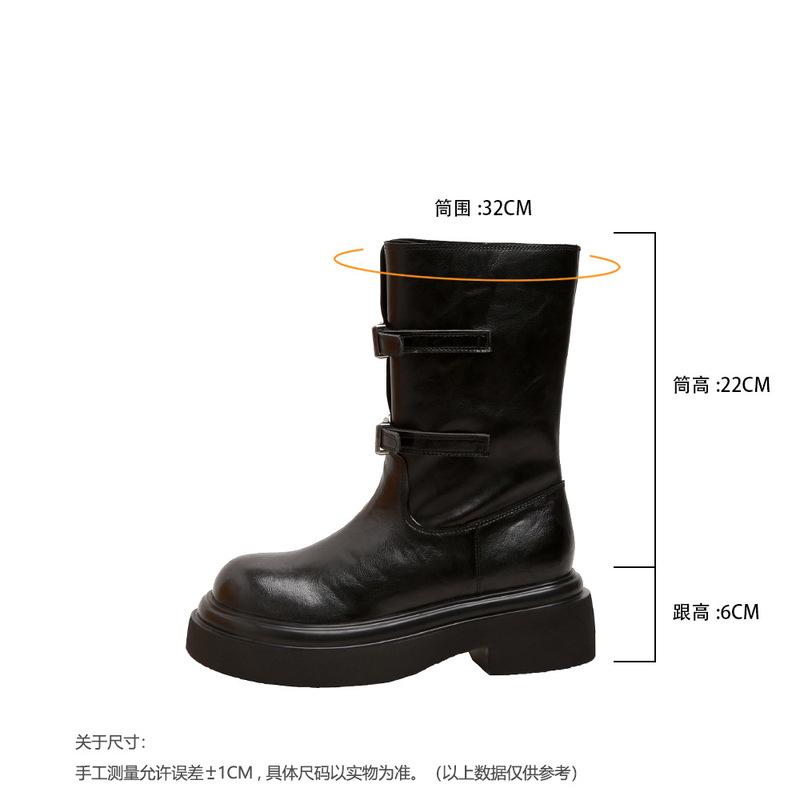苏茵茵同款2025年时尚皮带扣骑士靴女圆头厚底百搭长靴中筒马丁靴|undefined