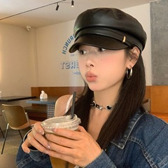 轻熟女友！日系PU皮八角帽子女英伦复古皮质贝雷帽百搭平顶报童帽