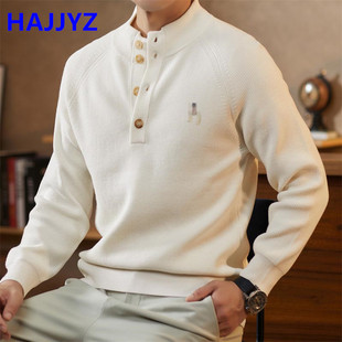 Hajjyz 100% Pure Wool Sweater for Men, Autumn and Winter Half-High Button Collar Loose Sweater, Thickened Cashmere Sweater