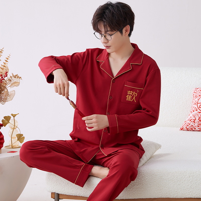 Pijamas hombres primavera y otoño algodón manga larga rojo brillante año animal algodón fino otoño primavera y verano ropa para el hogar