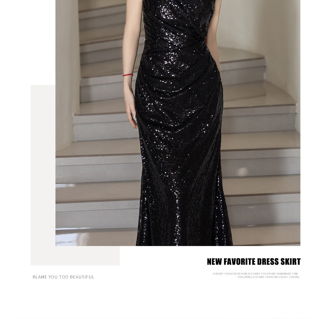 Women's Elegant Black Sequined Mermaid Evening Gown Understated Luxury Niche Style For Hostesses Coming Of Age Ceremony New_ecoleips.com