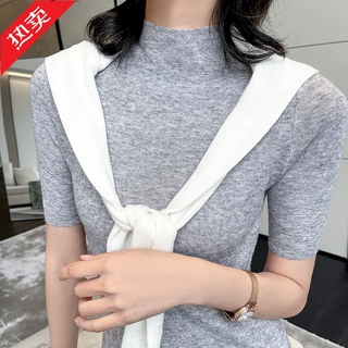 精纺羊毛2023秋冬女士新款修身半高领短款透气五分袖半袖针织衫