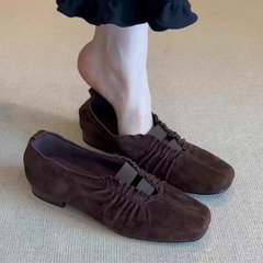 羊皮版~复古方头花边褶皱松紧带乐福鞋女真皮软底一脚蹬豆豆鞋
