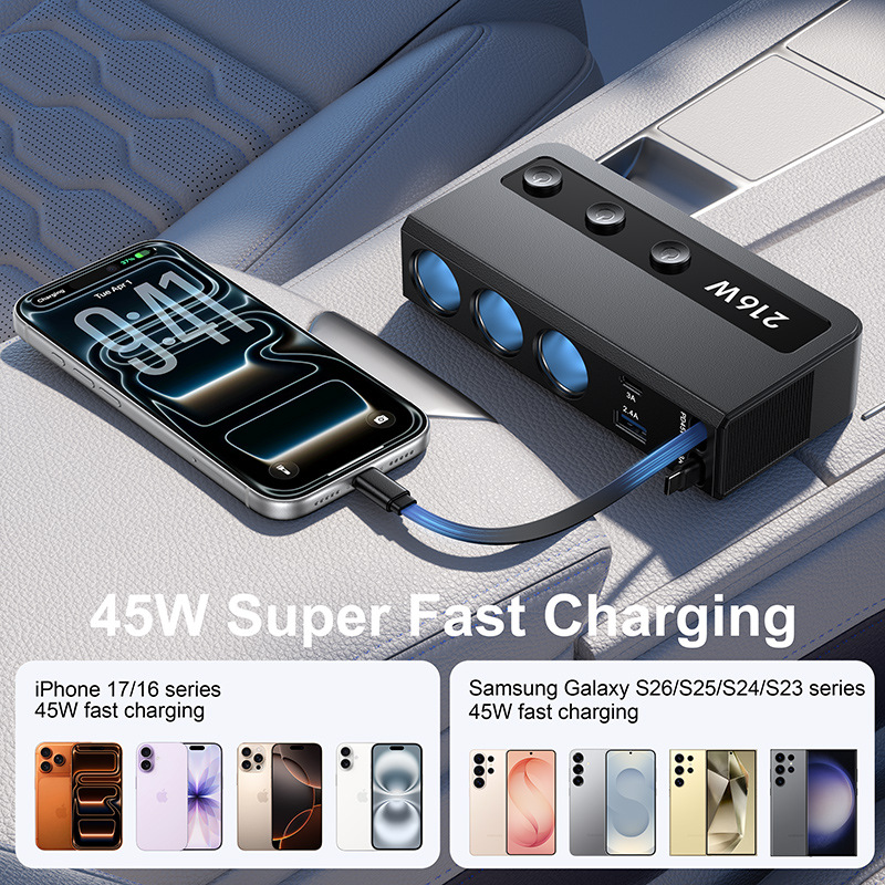 Multifunctional car charger with retractable cable, digital display, high-power car charger, fast charging