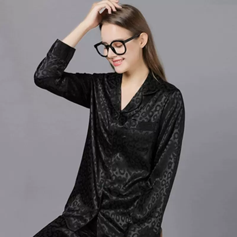 轻奢情侣丝绸睡衣豹纹居家长袖薄款家居服桑蚕丝亲肤舒适套装定制