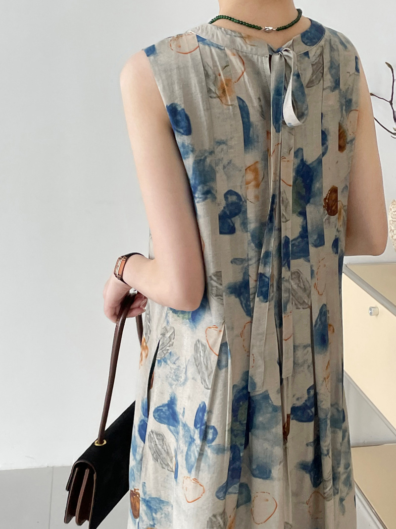 タオカワレトロ新中国風インク汚れバックレースアッププリーツプリントノースリーブベストドレス女性のための 2572