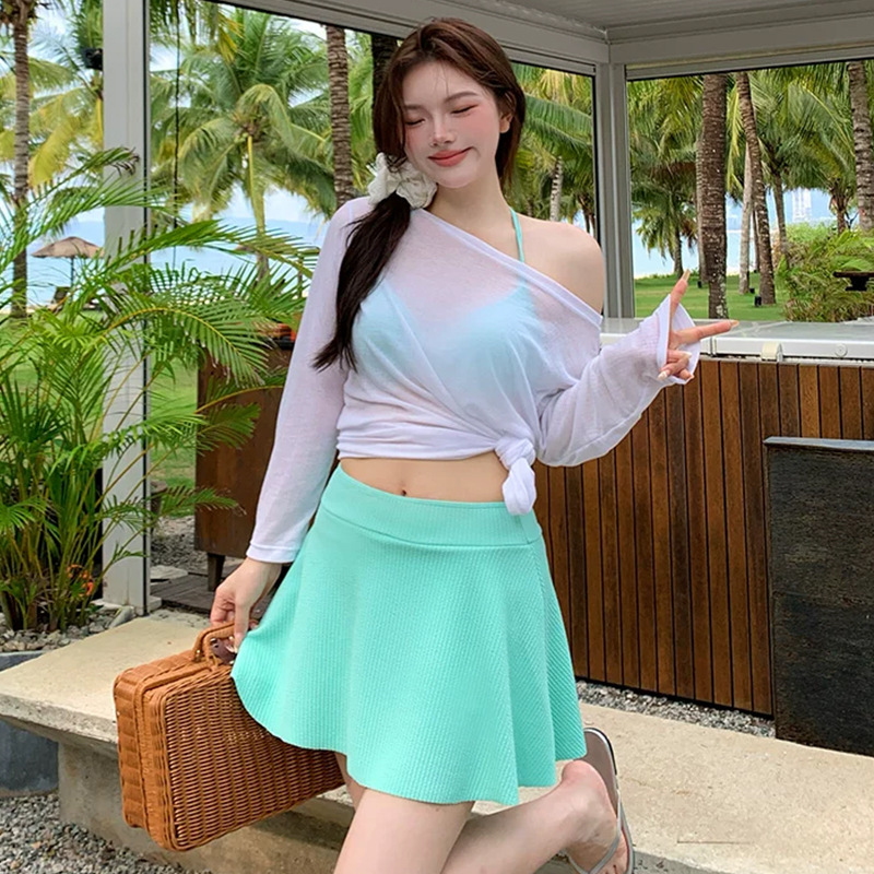 Plus Size Swimsuit Women's Split Long-Sleeved Sun Protection Three-Piece Set Underwire Push-Up Bikini Sexy Fat Girl Swimsuit