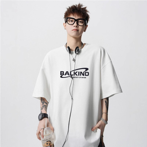 220g heavyweight short-sleeve T-shirt for men, summer drop shoulder loose 7/8 sleeve T-shirt, oversize versatile half-sleeve 5/8 sleeve