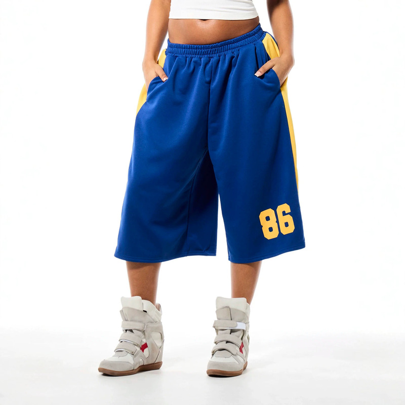 European and American cross-border popular retro street dance women's cropped pants with number 86 print and contrasting color side wide-leg sports shorts European and American cross-border popular retro street dance women's cropped pants with number 86 print and contrasting color side wide-leg sports shorts