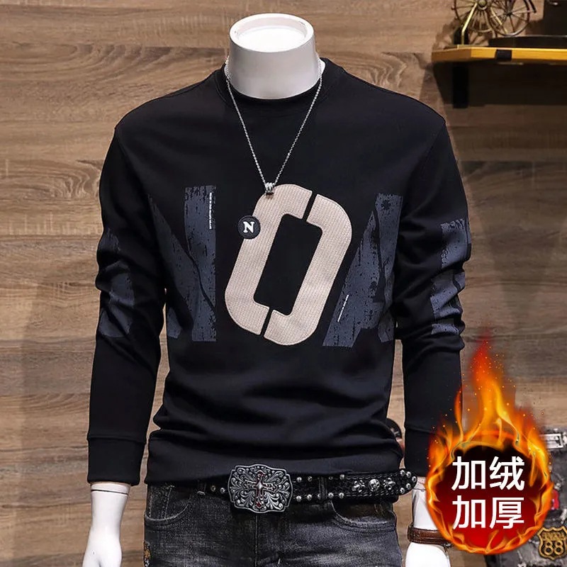 加绒卫衣男秋冬新款韩版潮流修身青年帅气字母加厚印花休闲装