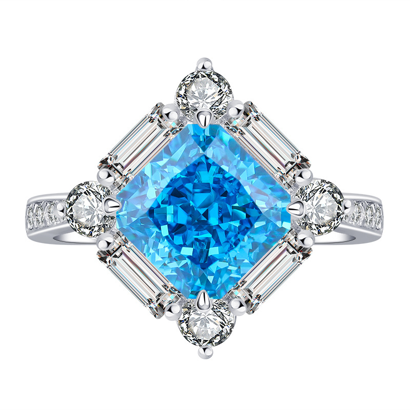 Zhuang Sheng joyería S925 plata de alto carbono diamante aguamarina princesa cuadrado diamante traje mujer principal piedra 8*8-7*7
