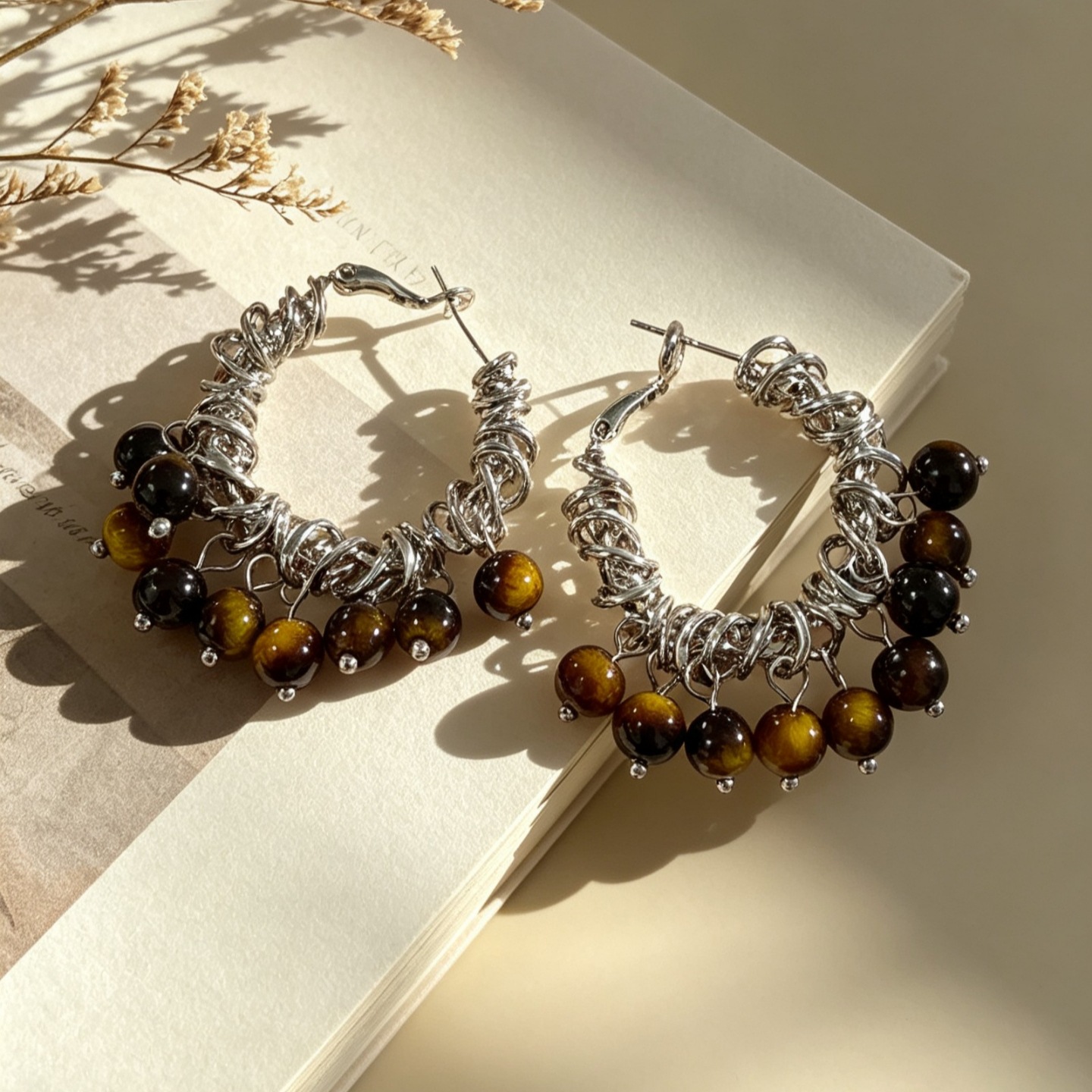 Maillard Tiger Eye Stone Beaded Earrings with Silver Metal Wrapped Hoops, Unique and Stylish Earrings for Women