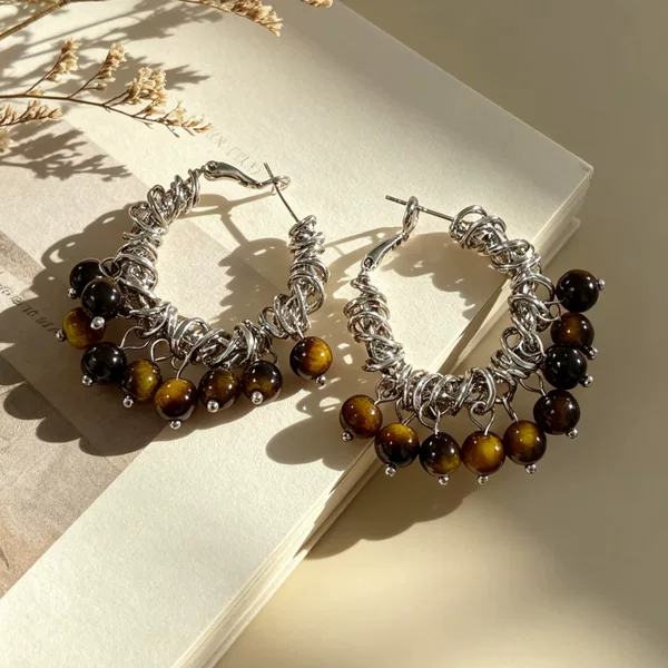 Maillard Tiger Eye Stone Beaded Earrings with Silver Metal Wrapped Hoops, Unique and Stylish Earrings for Women