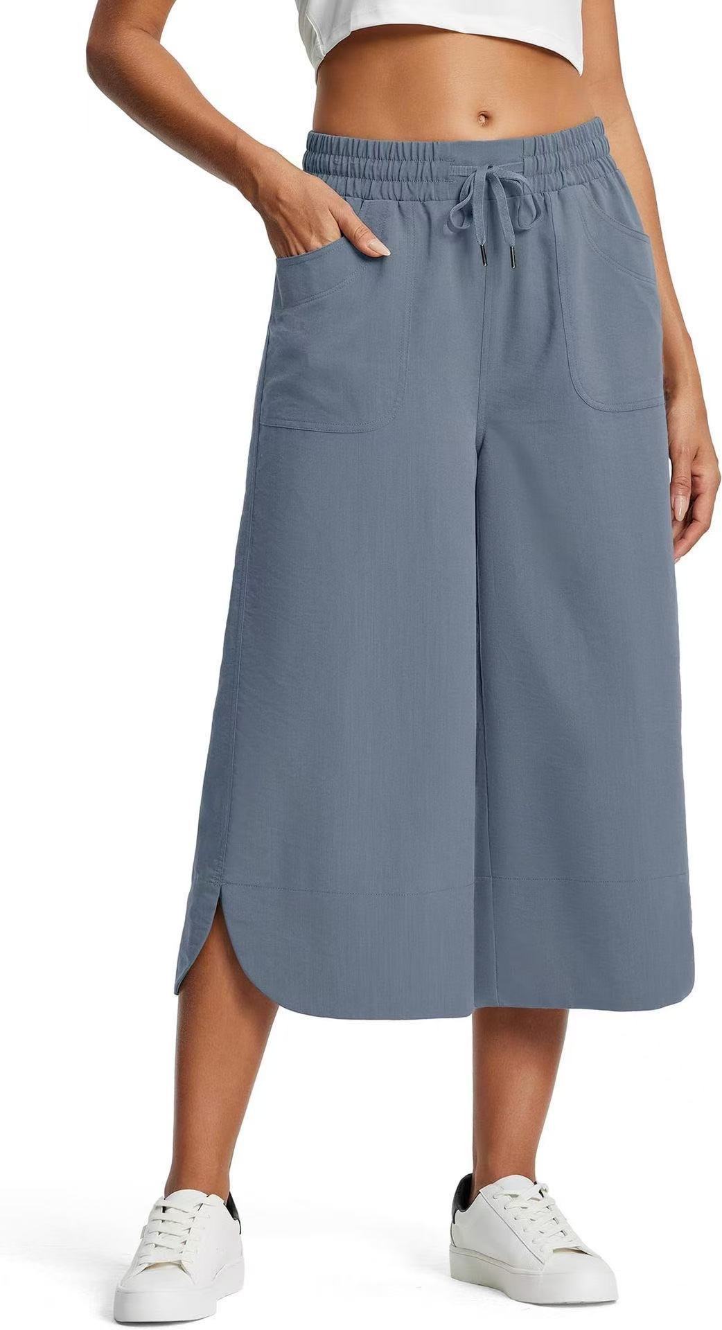 Women's Solid Color Wide Leg Capri Pants Spring Summer Elastic Waist Casual Relaxed Everyday Wear Comfortable Feshion_ecoleips.com