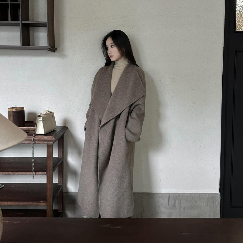 Autumn and winter double-sided wool coat for women, Korean style, 5W alternative, casual and elegant, with large lapel, long and loose woolen coat